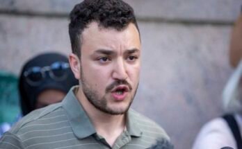 Student negotiator Mahmoud Khalil on Columbia University campus in New York in a pro-Palestinian protest camp on Monday, April 29, 2024.