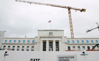 Construction work is carried out around the building of the Federal Reserve in Washington, DC, on September 17, 2024. The estimated cost of the project has jumped more than 30% in recent years.