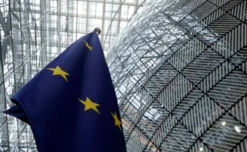 The European Union flag is located within the atrium of the European Council building in Brussels on June 17, 2024.