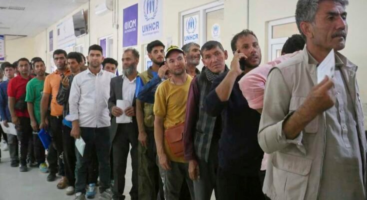 The Afghan refugees who returned after having fled Iran to escape expulsion and conflicts aligned themselves in an HCR establishment near the passage of Islam Qala in the west of the province of Herat, in Afghanistan, Friday, June 20, 2025.