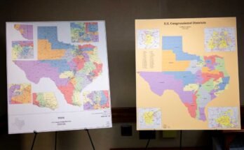 The cards of the American congress district are displayed while the Senate Special Committee on the redistribution of the Congress meets in Texas State Capitol on August 6 in Austin, Texas. The Republicans hope that the newly redesigned cards will strengthen their chances of keeping control of the congress in the mid-term elections next year.