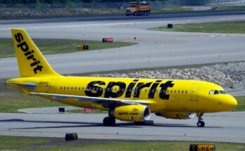 A Spirit Airlines 319 Airbus Taxis at Manchester Boston regional airport in New Hampshire on June 2, 2023.