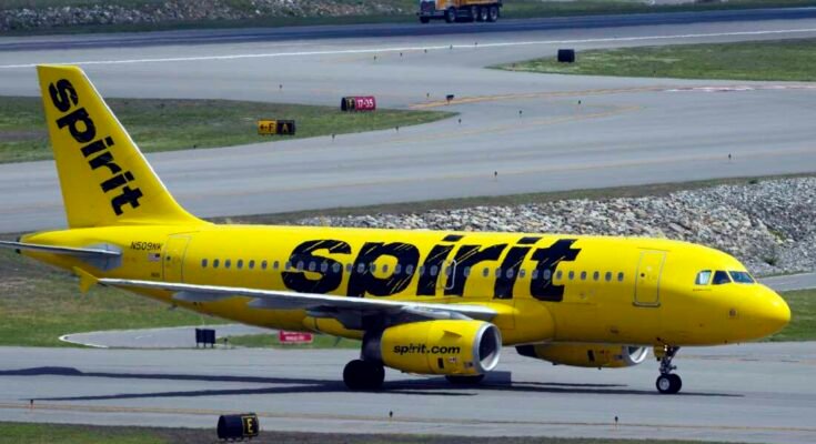 A Spirit Airlines 319 Airbus Taxis at Manchester Boston regional airport in New Hampshire on June 2, 2023.