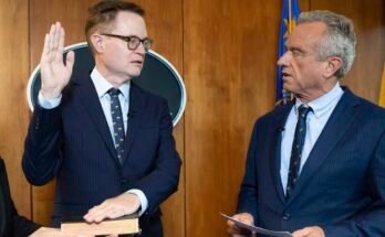 In this photo provided by the Ministry of Health and of the Human Secretary, Robert F. Kennedy Jr., on the right, heads the swearing ceremony of Jim O'Neill as deputy secretary of the department, on June 9, 2025, in Washington, DC