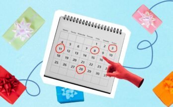 A collage shows a calendar with four dates surrounded in red, symbolizing birthdays. A hand, colored in red, points to one of the dates, and the birthday gifts enveloped in color fall from the sky in the background.